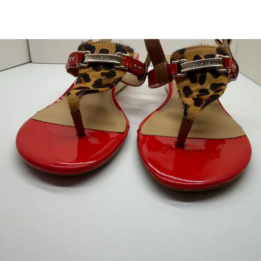 Antonio Melani Red Patent Leopard Calf Hair Gold Wedge Sandals‎ Mens 9M